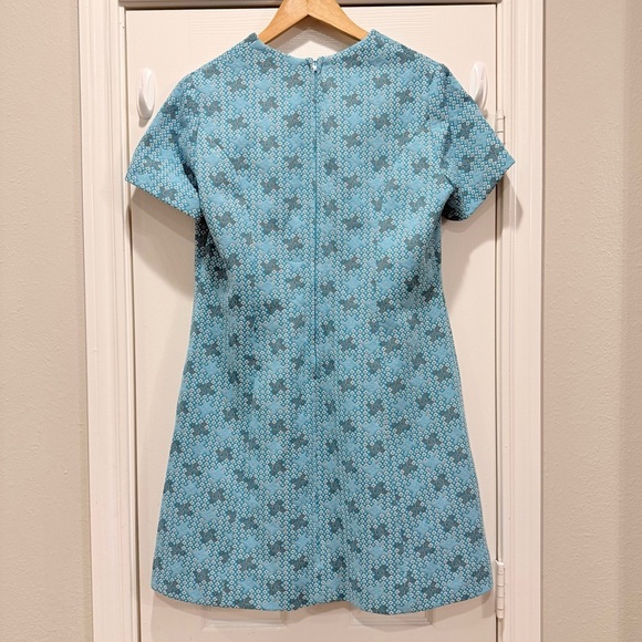 Vintage 60s 70s Checkaberry Mod Shift Dress Women’s Med Teal Blue Short Sleeve - Picture 2 of 7